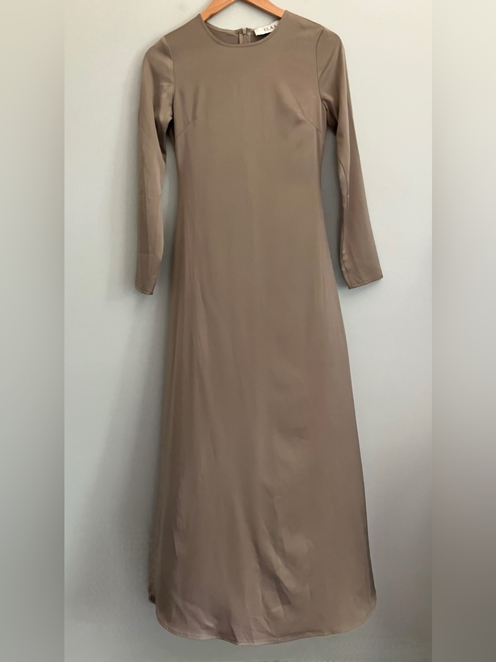 ELAA Muted Olive Green/Taupe Satin Long Sleeve A-Line Maxi Dress Size XXS-XS - Picture 2 of 12
